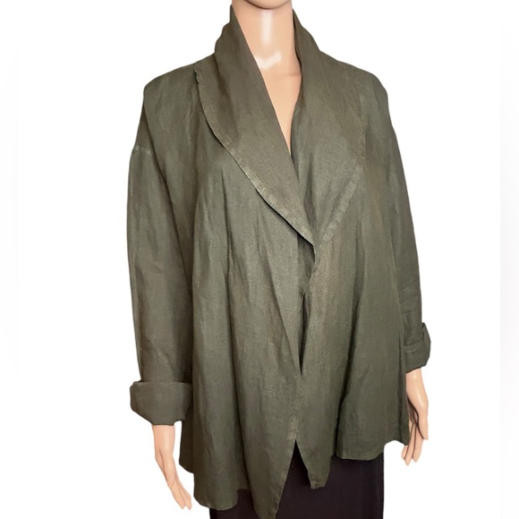 🩷 Bryn Walker Cardigan Jacket Womens S Linen Olive Open Blazer Lagenlook Pocket - Picture 1 of 12
